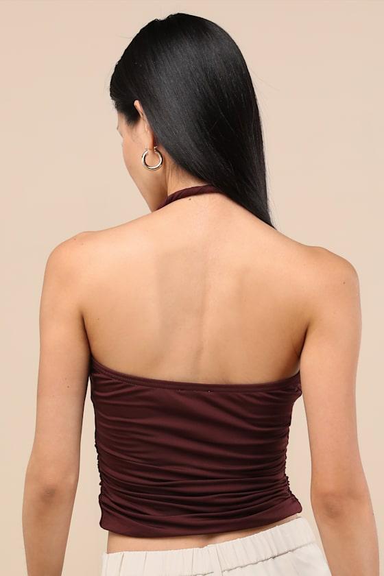 Ash Burgundy Jersey Knit Ruched Twisted Halter Top Product Image