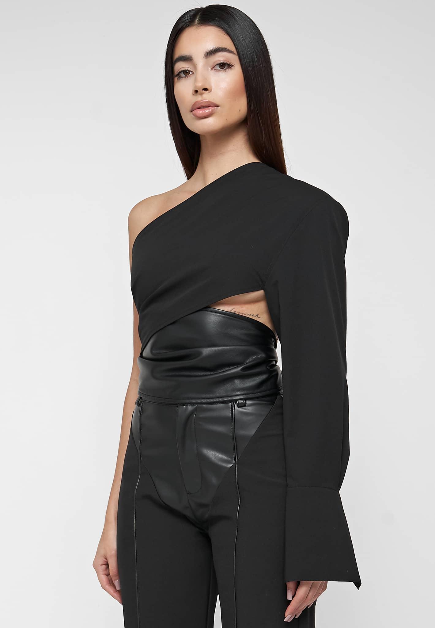 One Sleeve Leather Wrap Top - Black Female Product Image