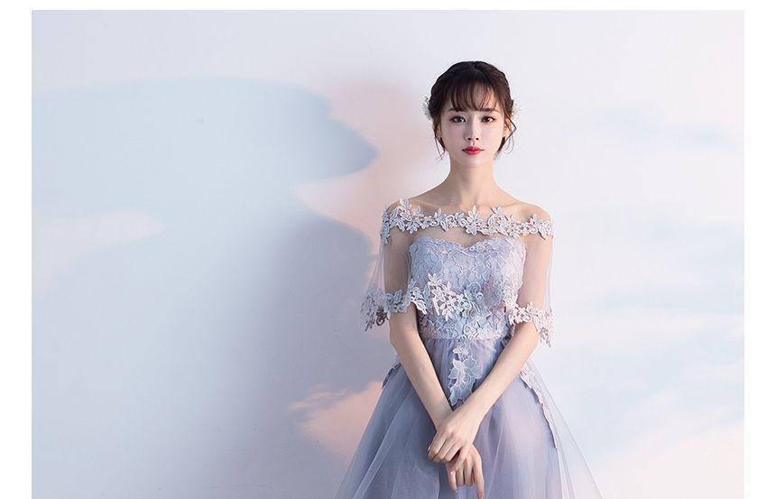 Short-Sleeve Lace Trim High Low Cocktail Dress Product Image