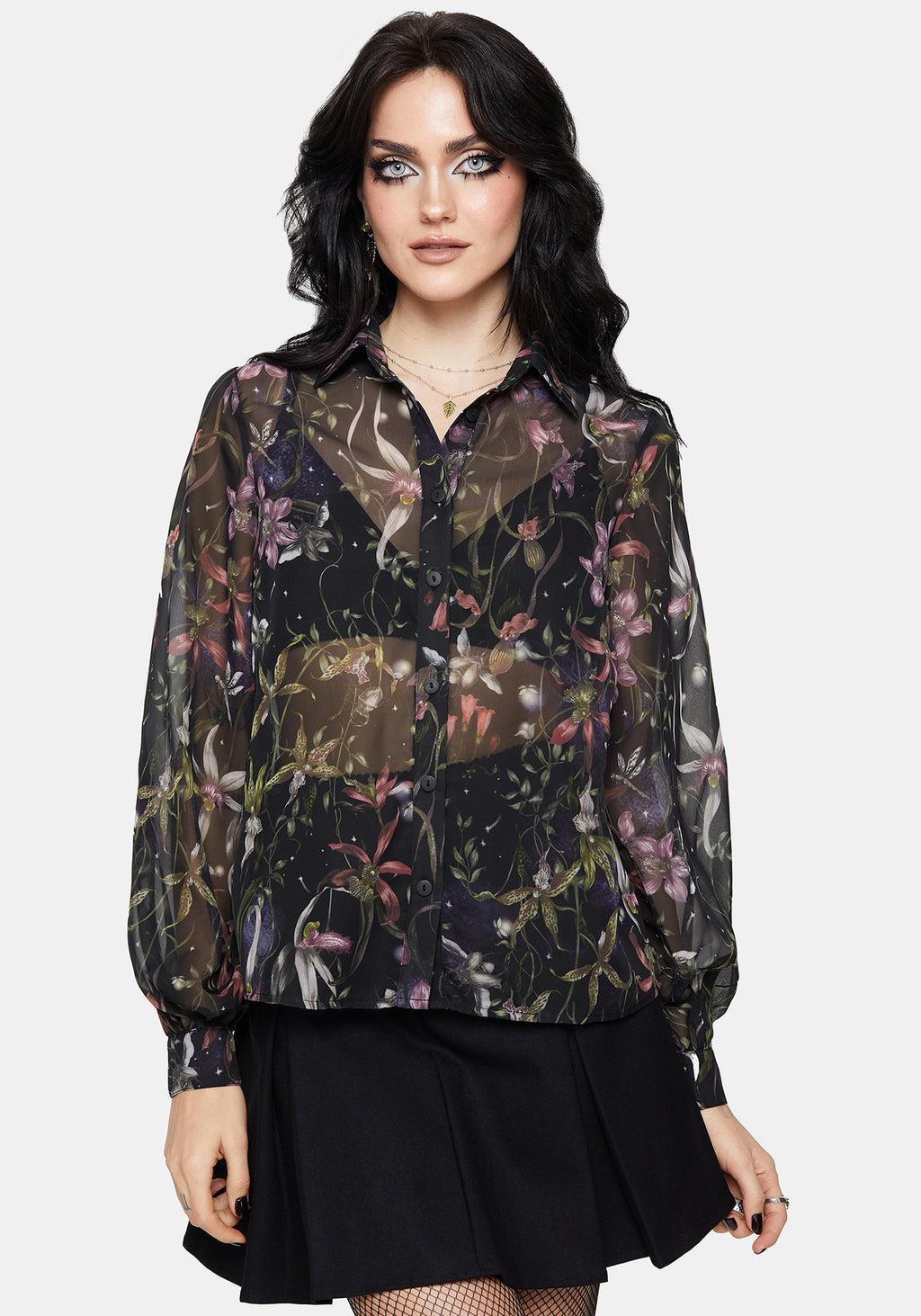 Elide Black Orchid Print Chiffon Blouse Product Image