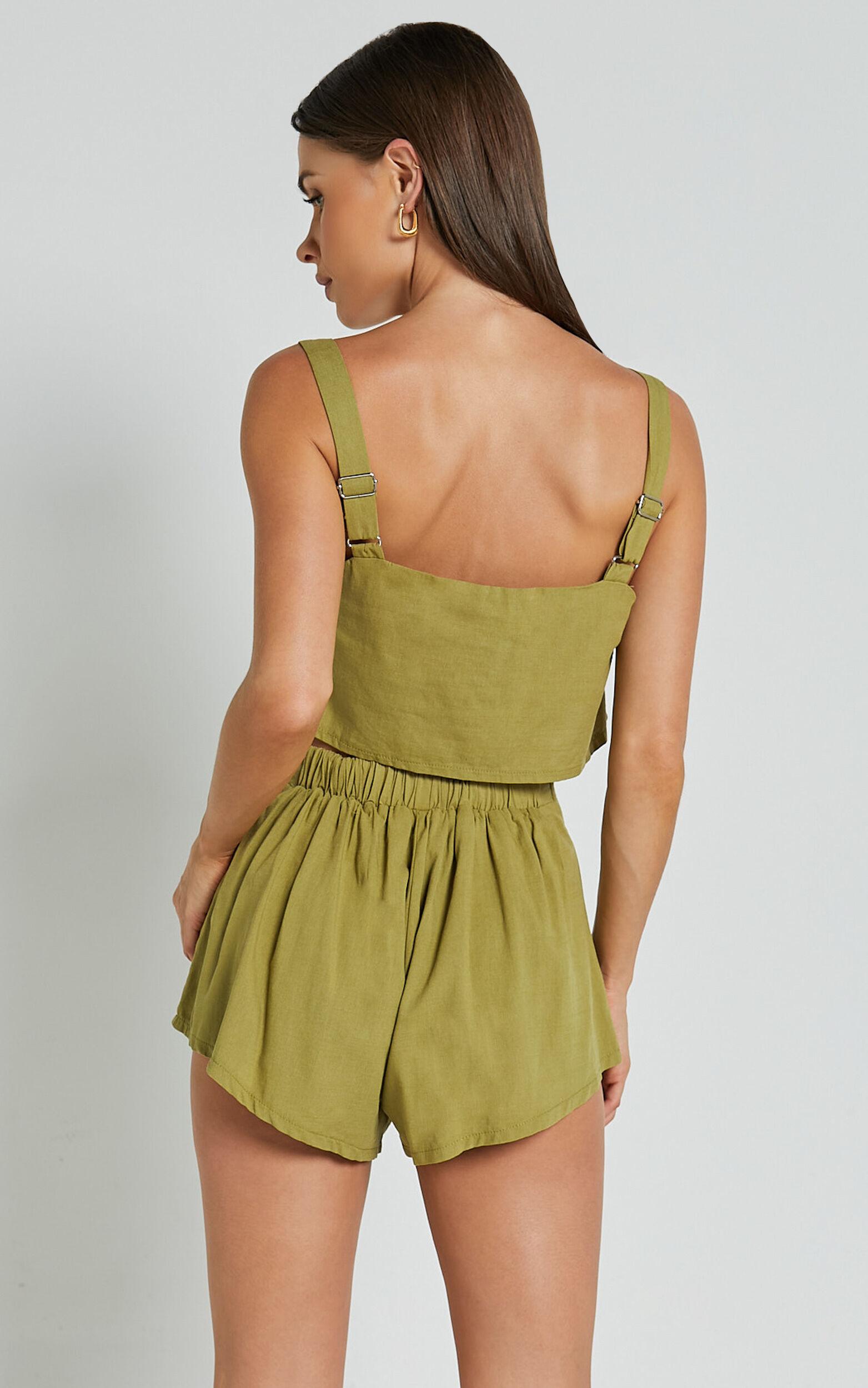 Zanrie Two Piece Set - Linen Square Neck Crop Top and High Waist Mini Flare Shorts Set in Celery Product Image