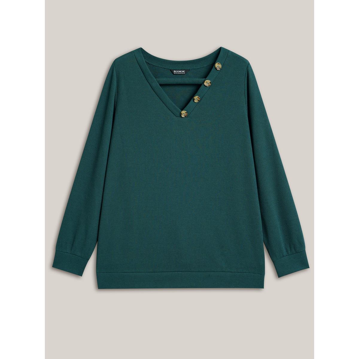 Plus Size Neck Cut-Out Button Detail Sweatshirt Women DarkSlateGray Casual Cut-Out V-neck Everyday Sweatshirts BloomChic 10/M Product Image