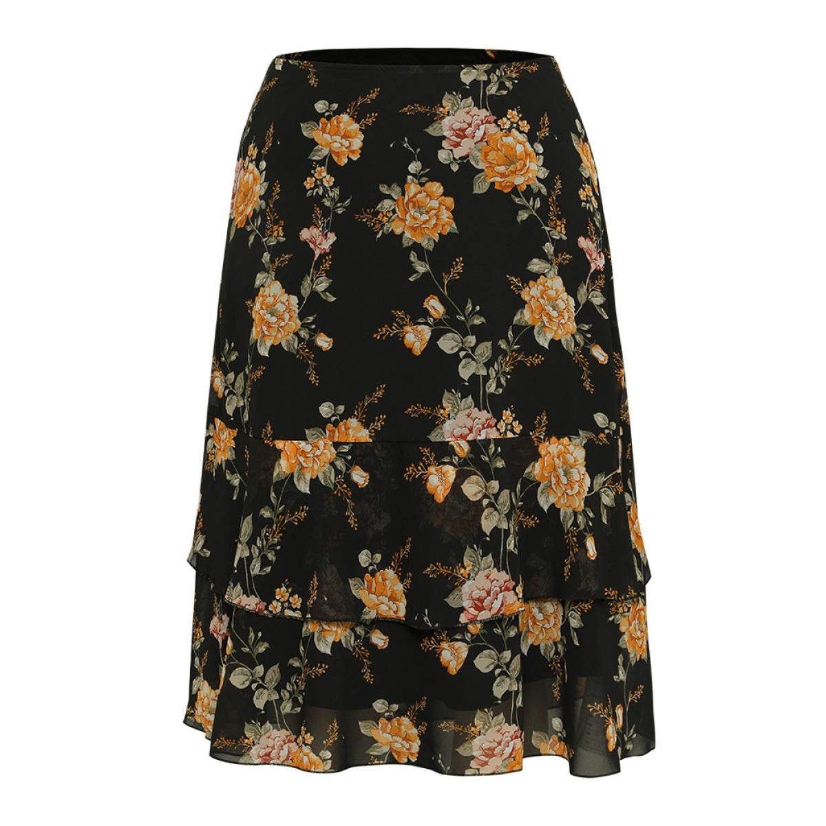 Plus Size Floral Printed Flutter Layered Skirt Women Black Elegant See through No stretch Pocket Dailywear Skirts BloomChic 12/L Product Image
