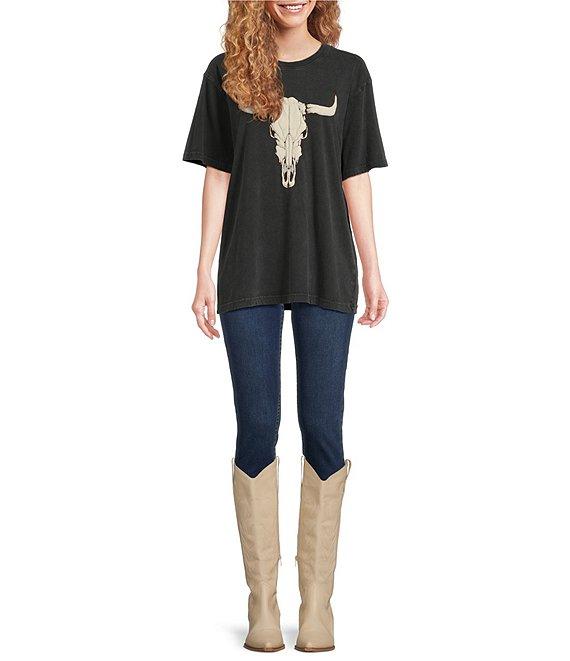 Zutter Knit Puffed Longhorn Bone Western Crew Neck Short Sleeve Oversized Graphic Tee Shirt Product Image