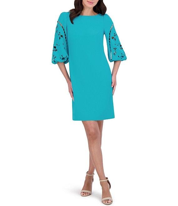 Vince Camuto Boat Neck 3/4 Laser-Cut Puff Sleeve Stretch Crepe Sheath Dress Product Image