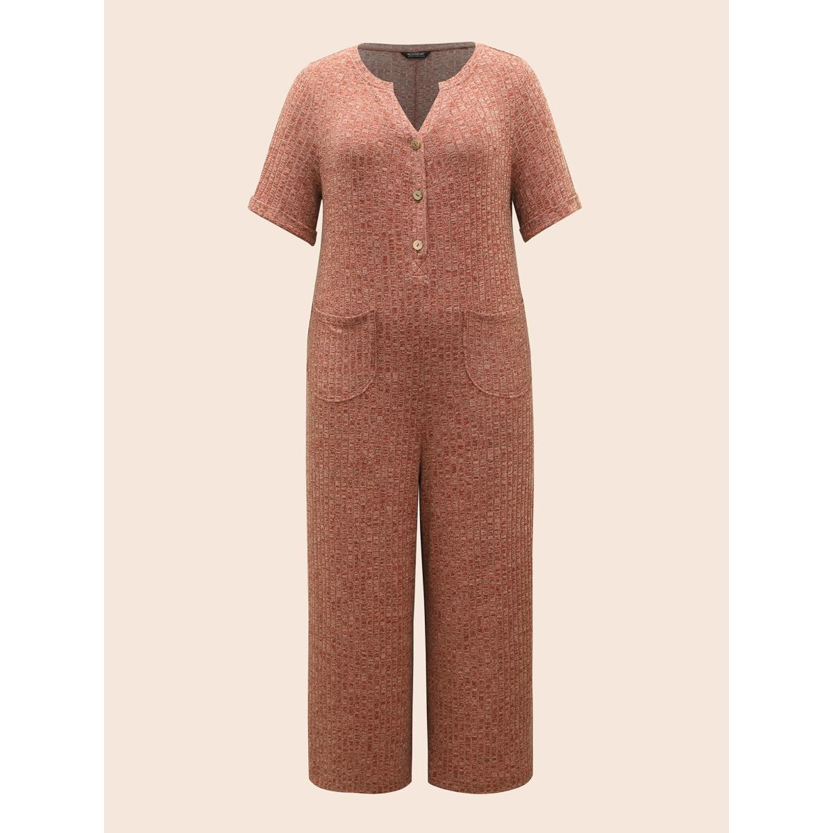 Plus Size Burgundy Texture Button Up Patch Pocket Jumpsuit Women Casual Half Sleeve Flat collar with V-notch Everyday Loose Jumpsuits BloomChic 22-24/3X Product Image