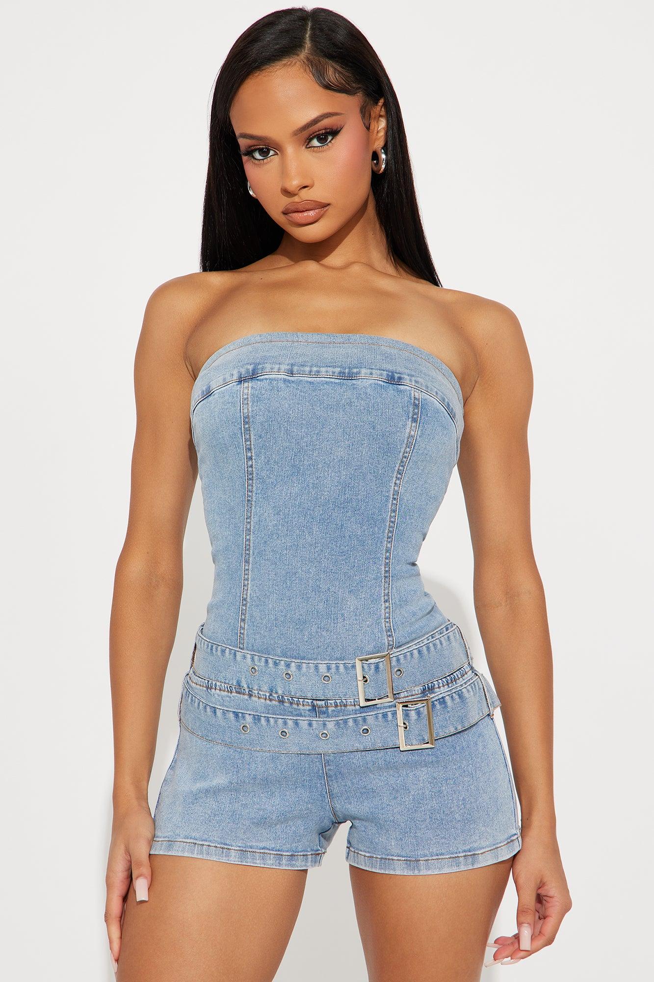 Caught You Looking Denim Romper - Light Wash Female Product Image
