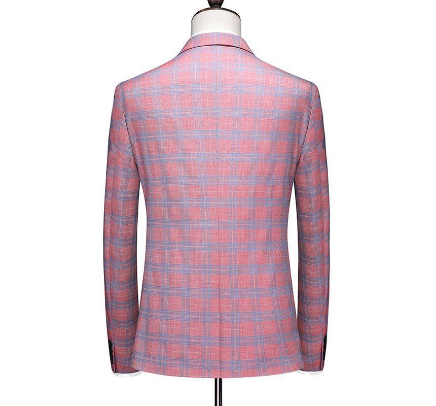 Set: Plaid One-Buttoned Blazer + V-Neck Button-Up Vest + Mid Rise Tapered Dress Pants Product Image