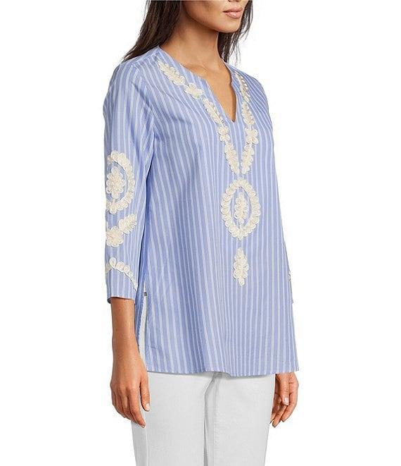 Calessa Petite Size Embroidered Patchwork Pinstripe Split V-Neck 3/4 Sleeve Tunic Product Image