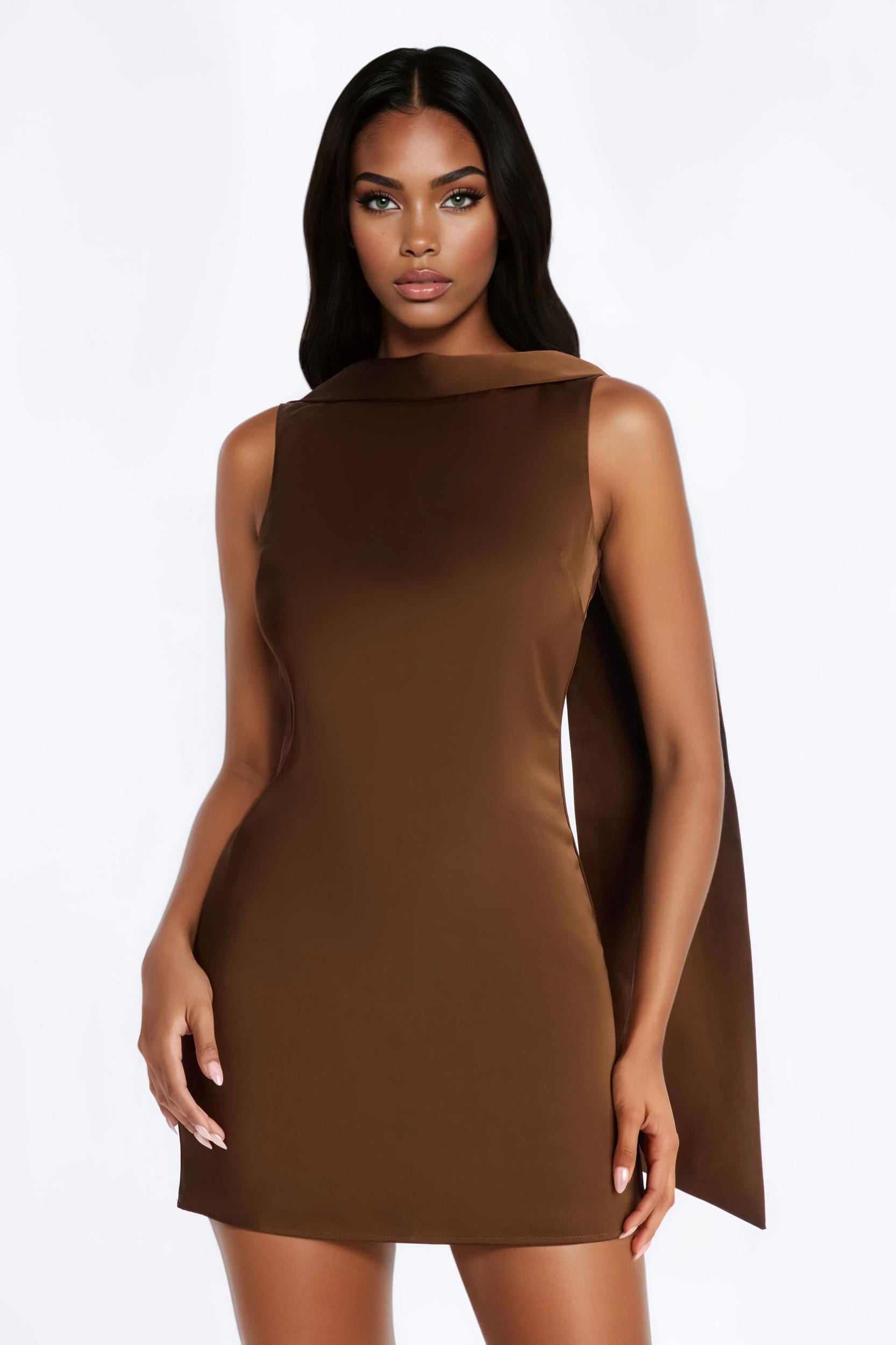 Selina Backless Draped Satin Mini Dress - Chocolate Female Product Image