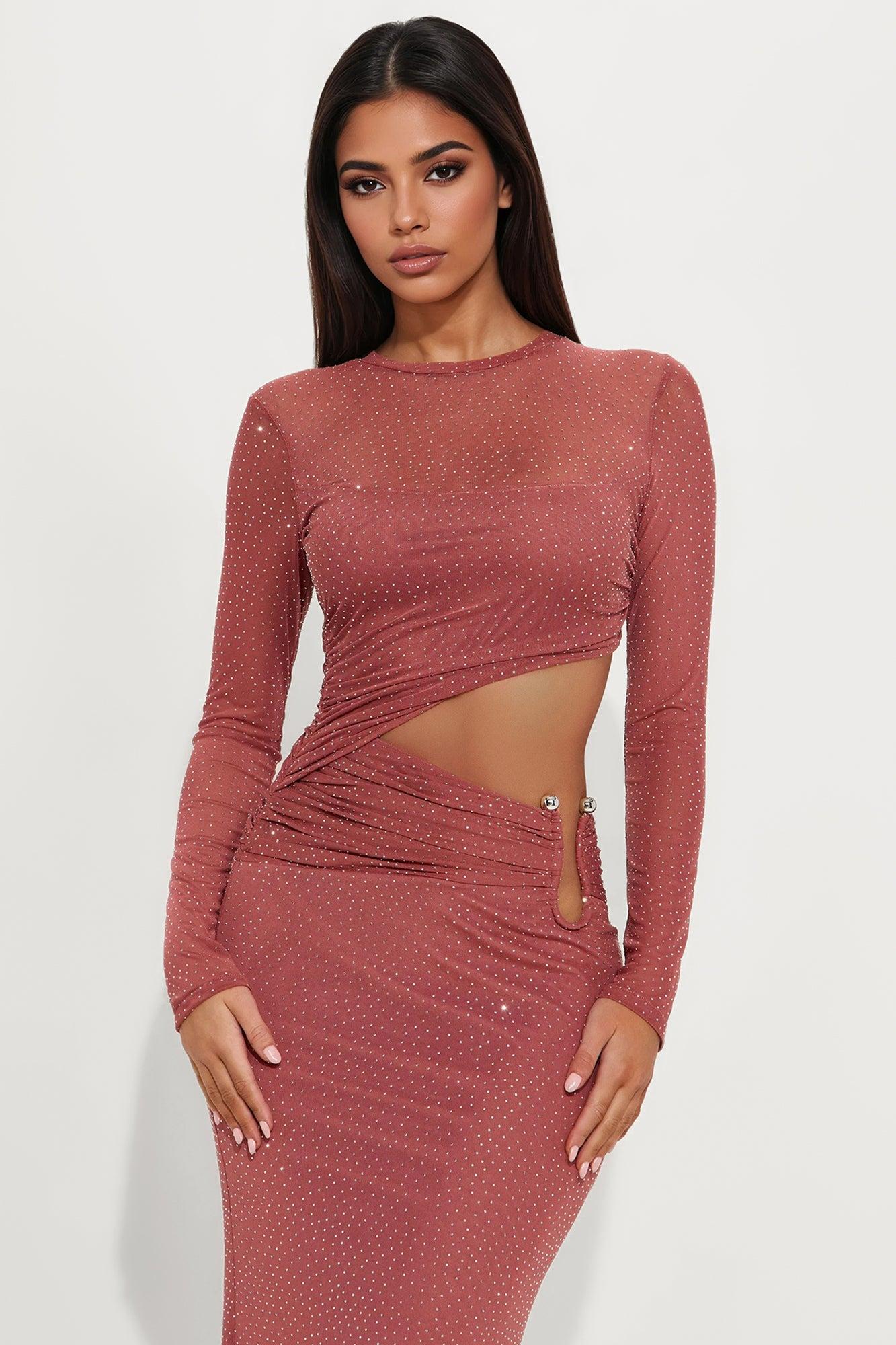 Janell Rhinestone Mesh Maxi Dress - Marsala Female Product Image