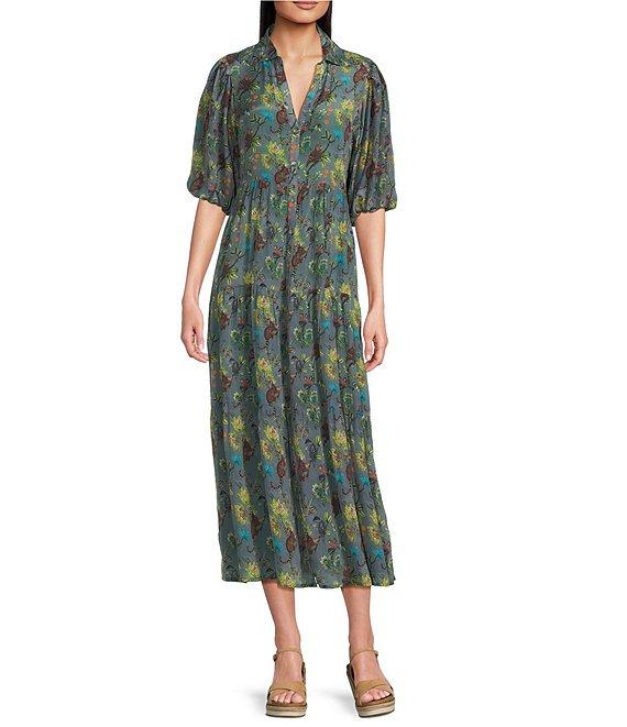 APNY Woven Floral Print Spread Collar 3/4 Sleeve Tiered A-Line Midi Dress Product Image