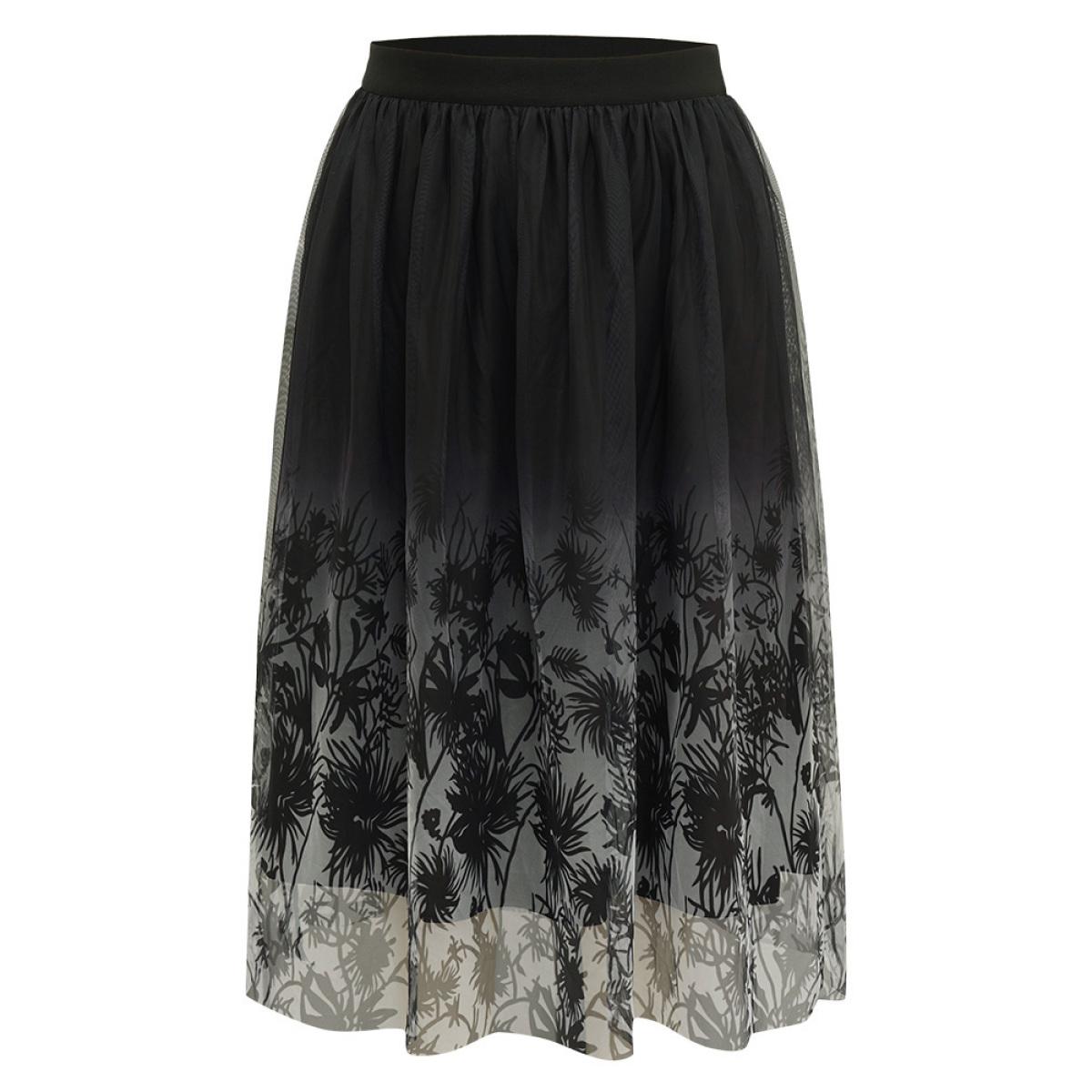 Plus Size Silhouette Floral Print Ombre Mesh Skirt Women Black Glamour Lined No stretch Going out Skirts BloomChic 14-16/1X Product Image