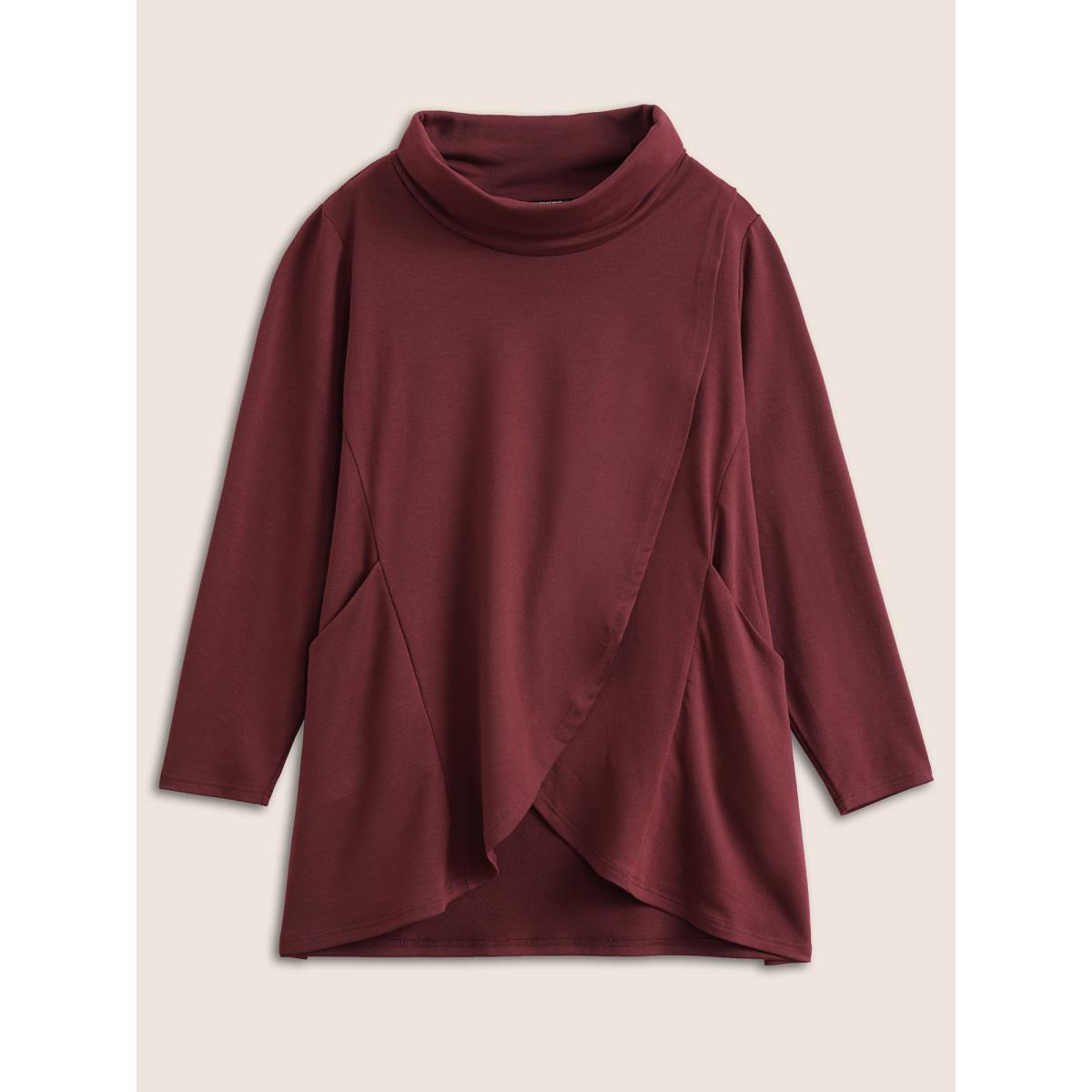 Plus Size Solid Turtleneck Pocket Wrap Hem Sweatshirt Women Burgundy Casual Non Turtleneck Everyday Sweatshirts BloomChic 10/M Product Image