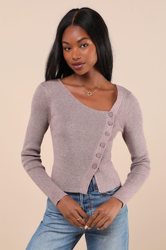 Modern Status Taupe Marled Asymmetrical Button-Front Sweater Top Product Image