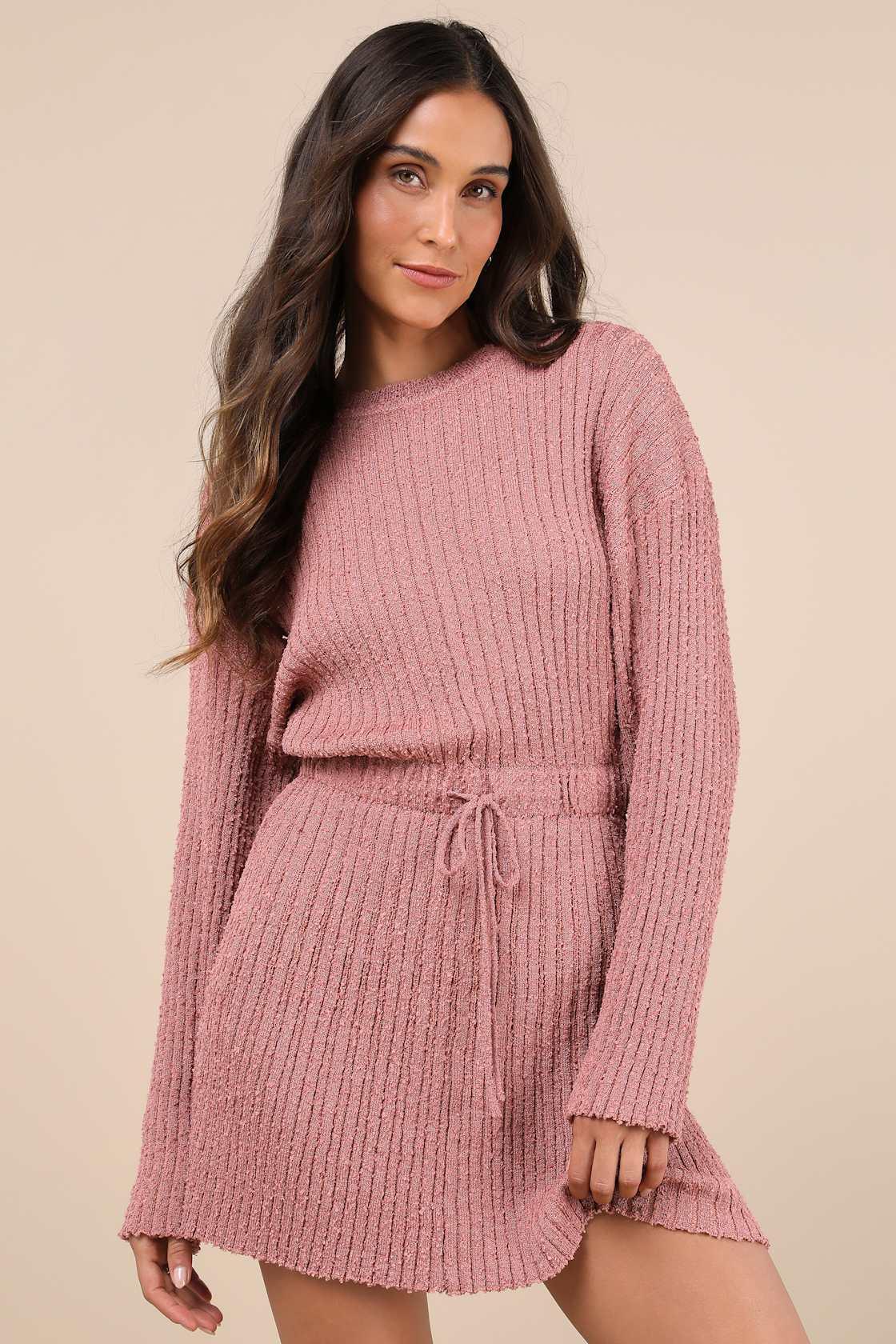 Considerable Charm Mauve Boucle Knit Sweater Mini Dress Product Image