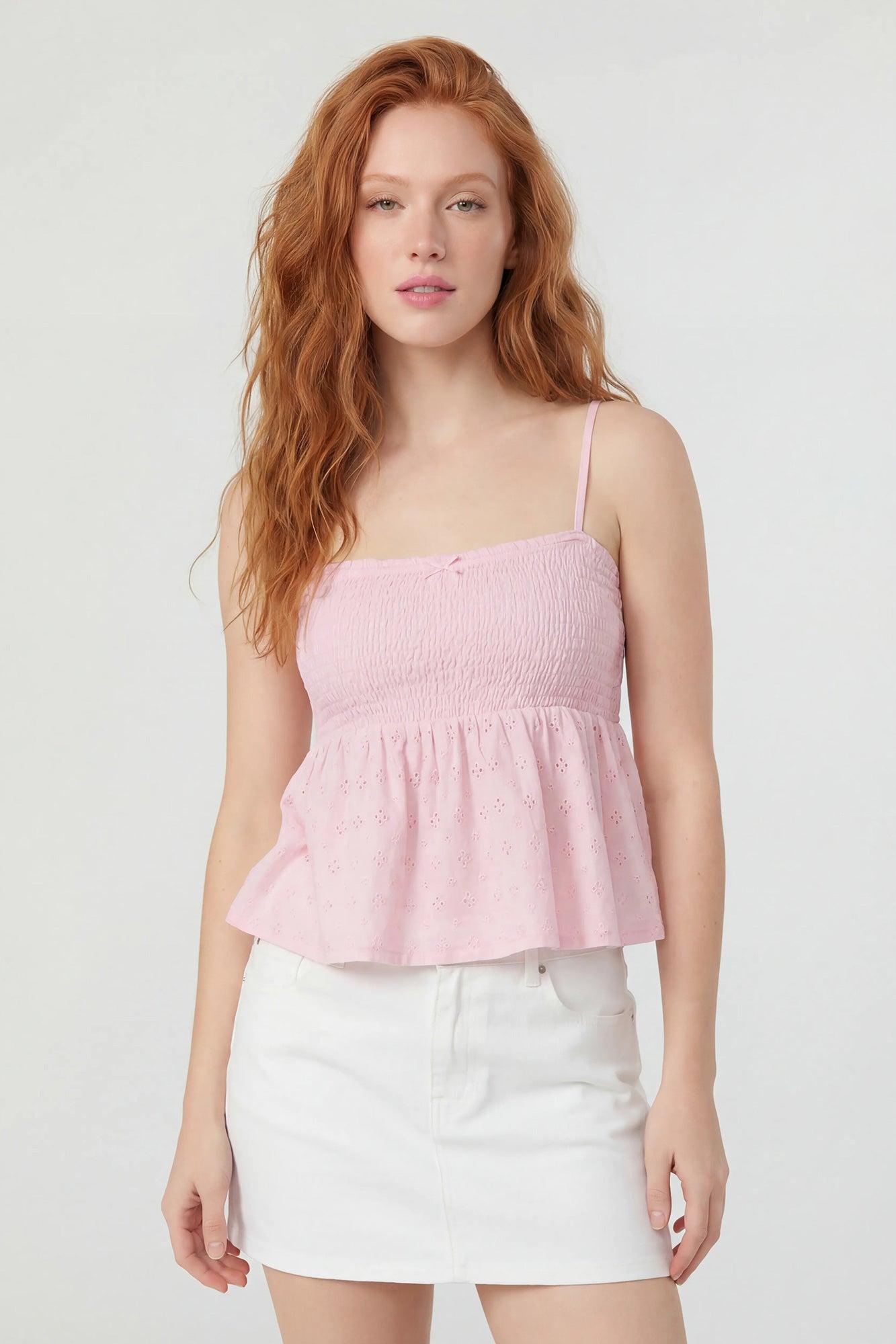 Smocked Eyelet Babydoll Tank Female Product Image