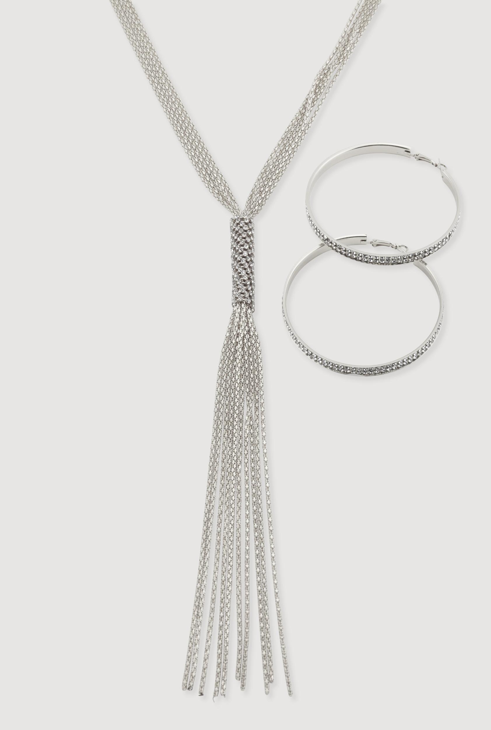 Rhinestone Studded Hoop Earrings with Tassels Necklace Male Product Image