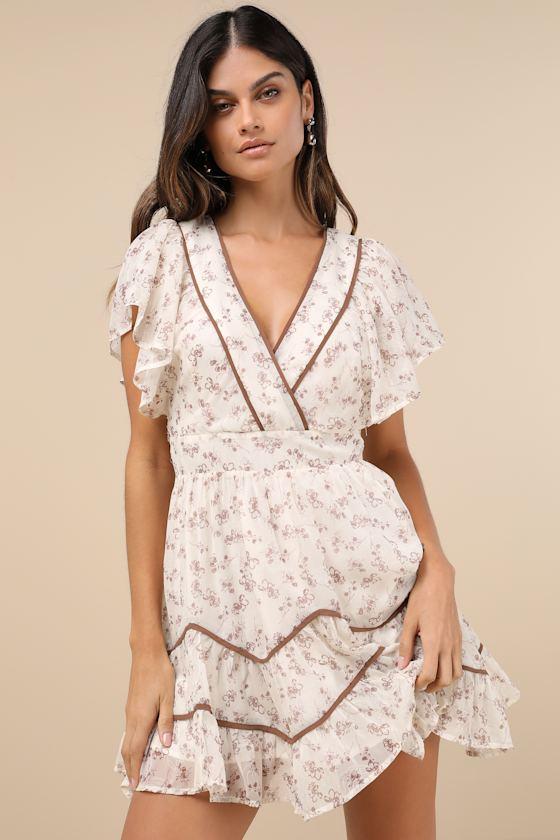Adored Outing Ivory Floral Flutter Sleeve Surplice Mini Dress Product Image