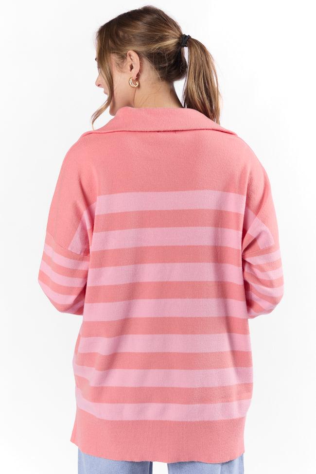 Pulling Heartstrings Coral Multi Stripe Quarter Zip Pullover FINAL SALE Product Image