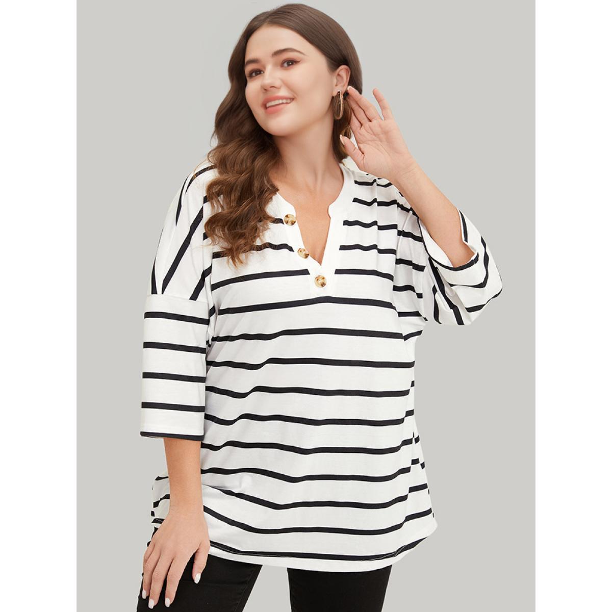 Plus Size Striped Print Button Detail Notched T-shirt White Women Casual Button Striped Notched collar Dailywear T-shirts BloomChic 12/L Product Image