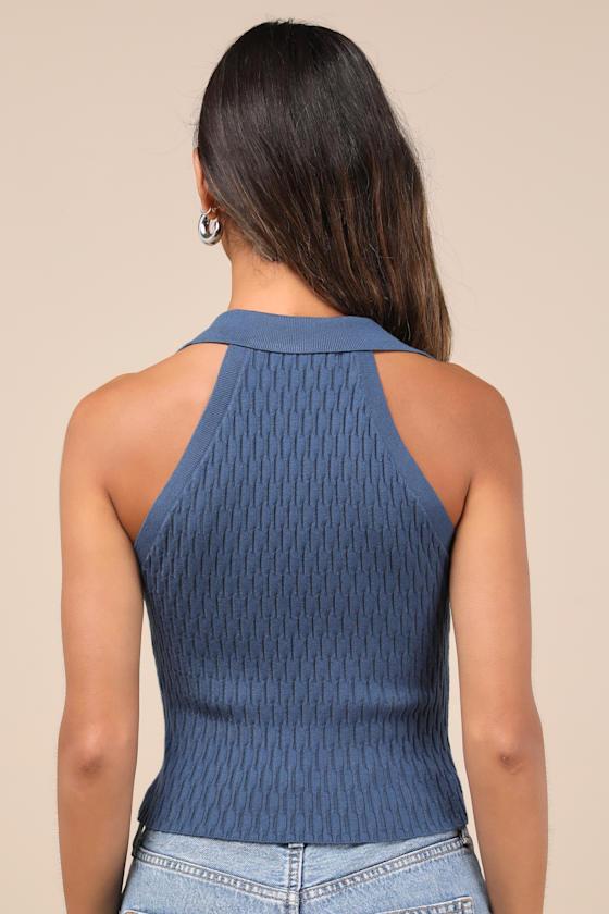 Eliseo Dark Slate Blue Knit Collared Tank Top Product Image