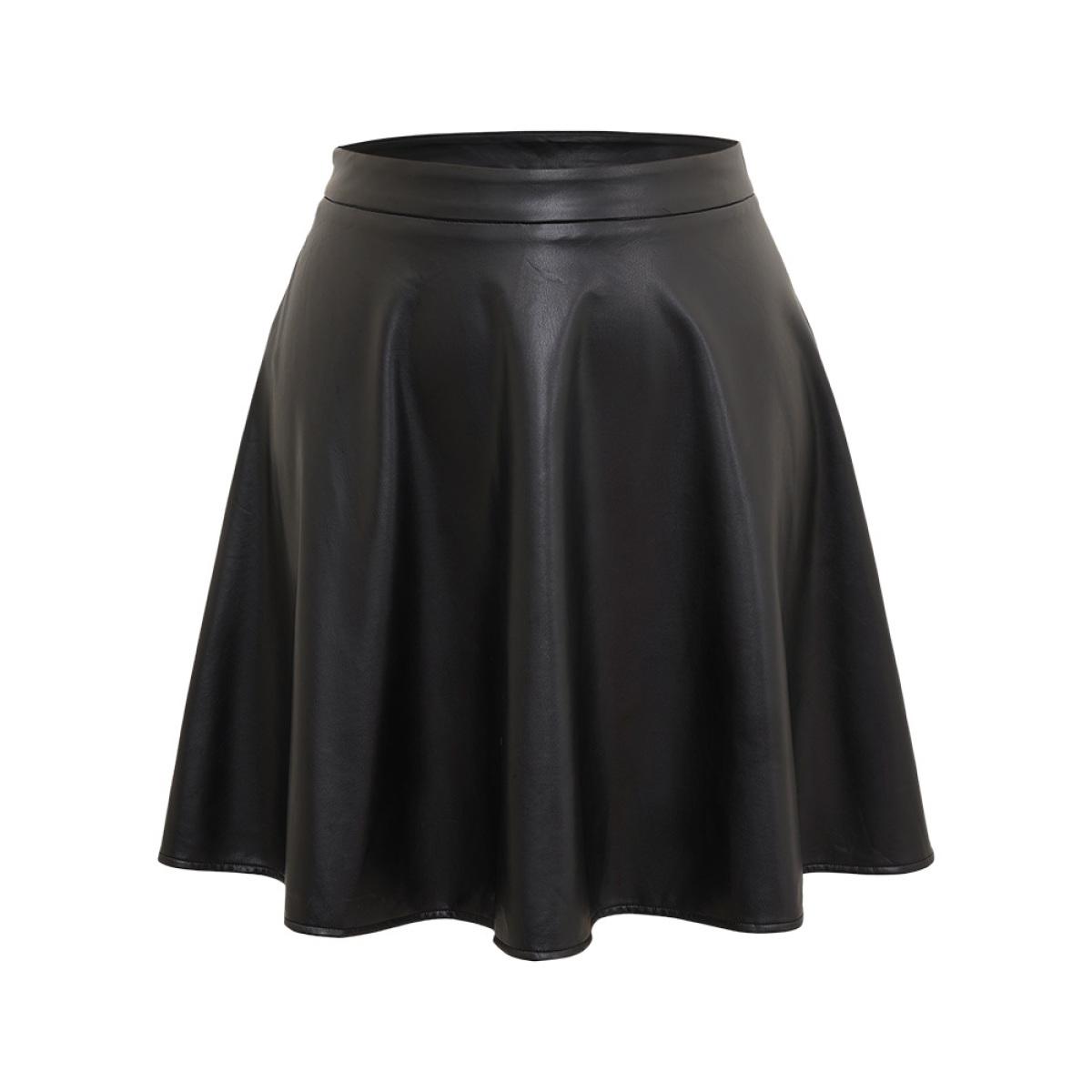 Plus Size Solid PU Cropped Ruffle Hem Skirt Women Black Office A-line No stretch Work Skirts BloomChic 28/5X Product Image