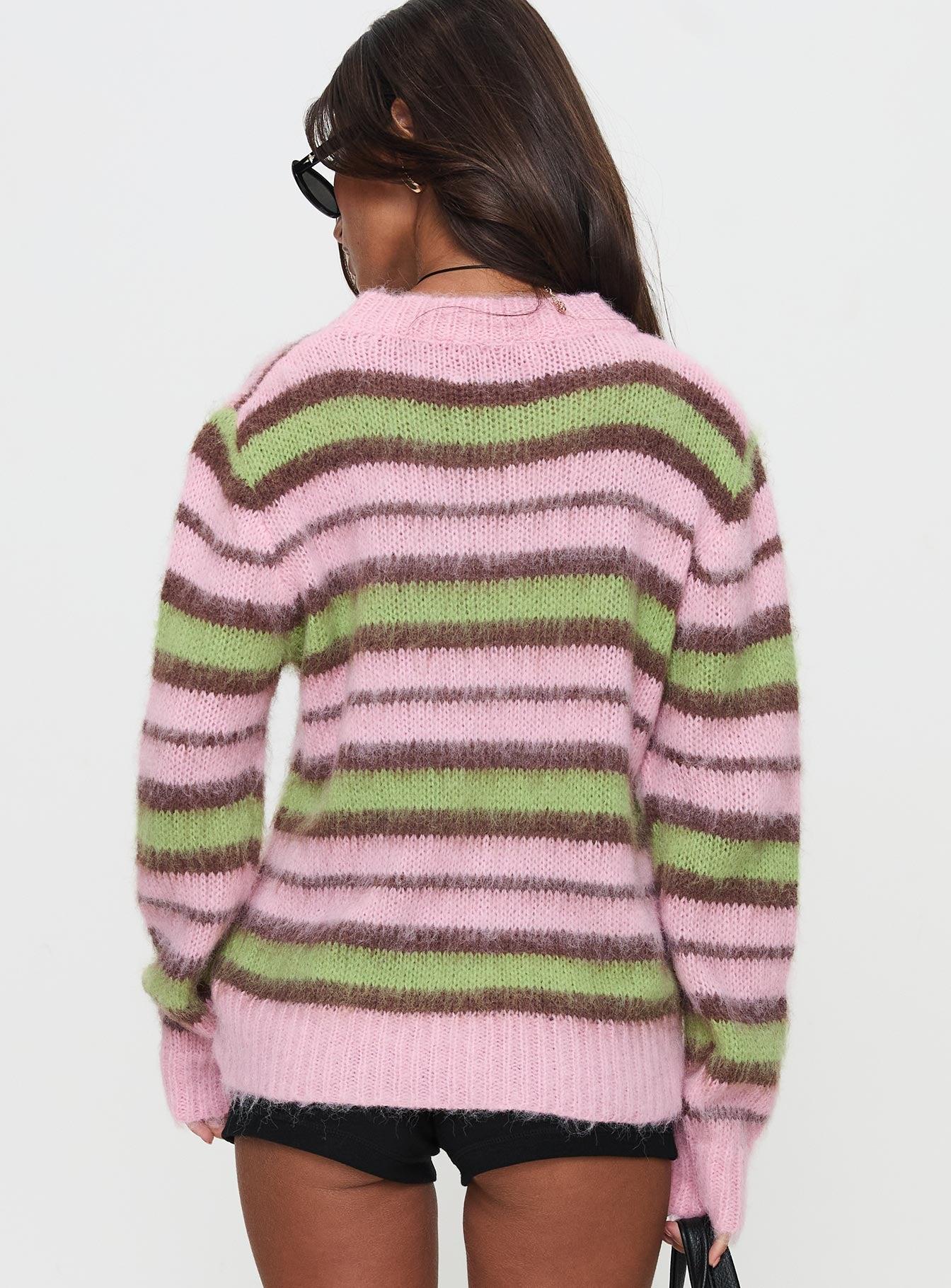 Maysie Crew Neck Knit Sweater Green / Pink Product Image