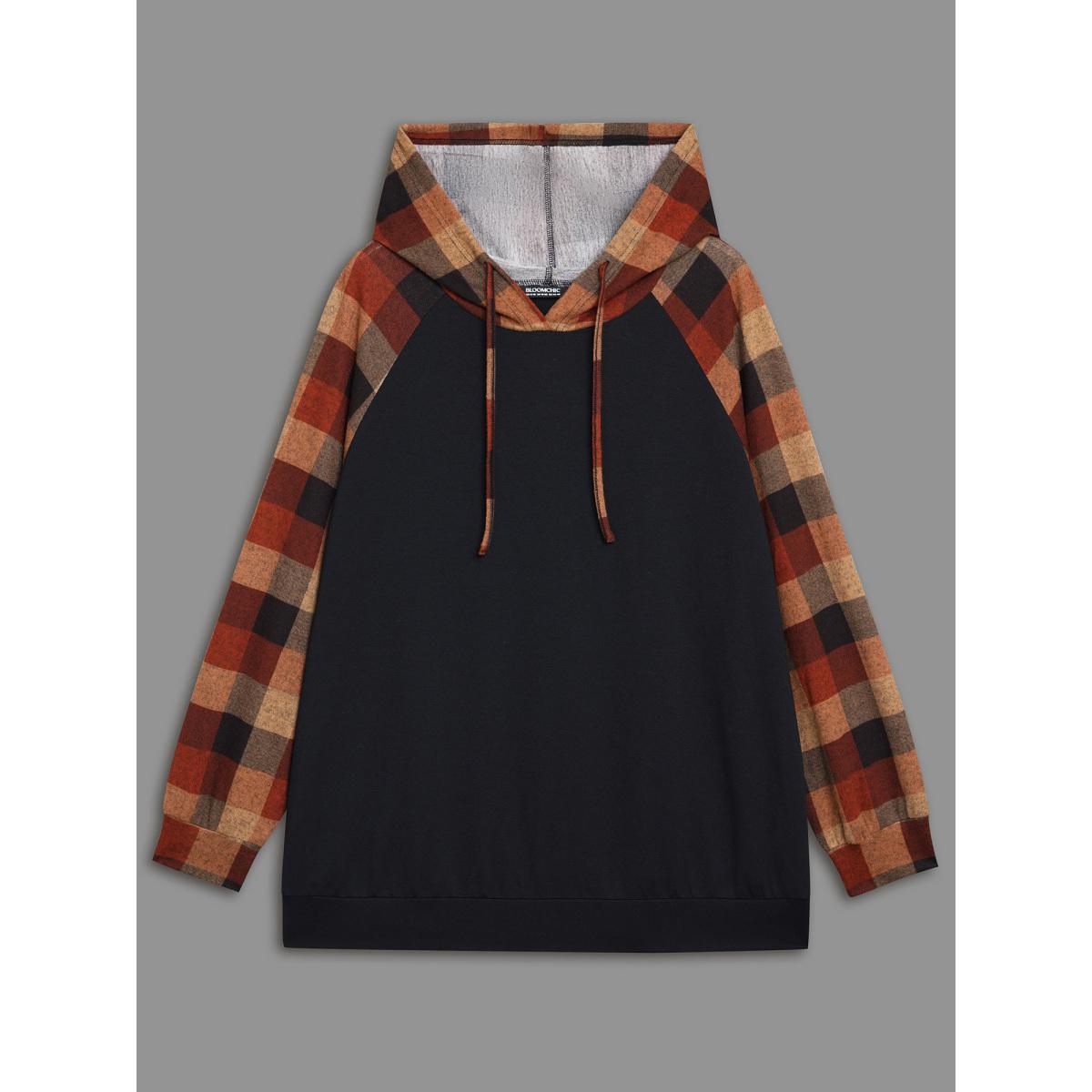 Plus Size Plaid Colorblock Contrast Hooded Drawstring Sweatshirt Women Black Casual Contrast Hooded Everyday Sweatshirts BloomChic 14-16/1X Product Image