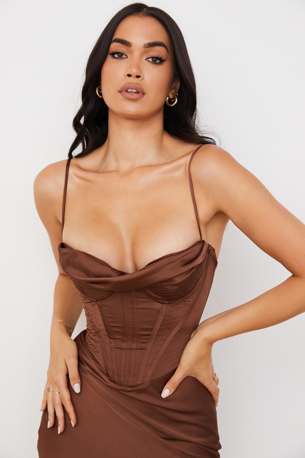 Myrna  chocolate satin corset slip dress Product Image