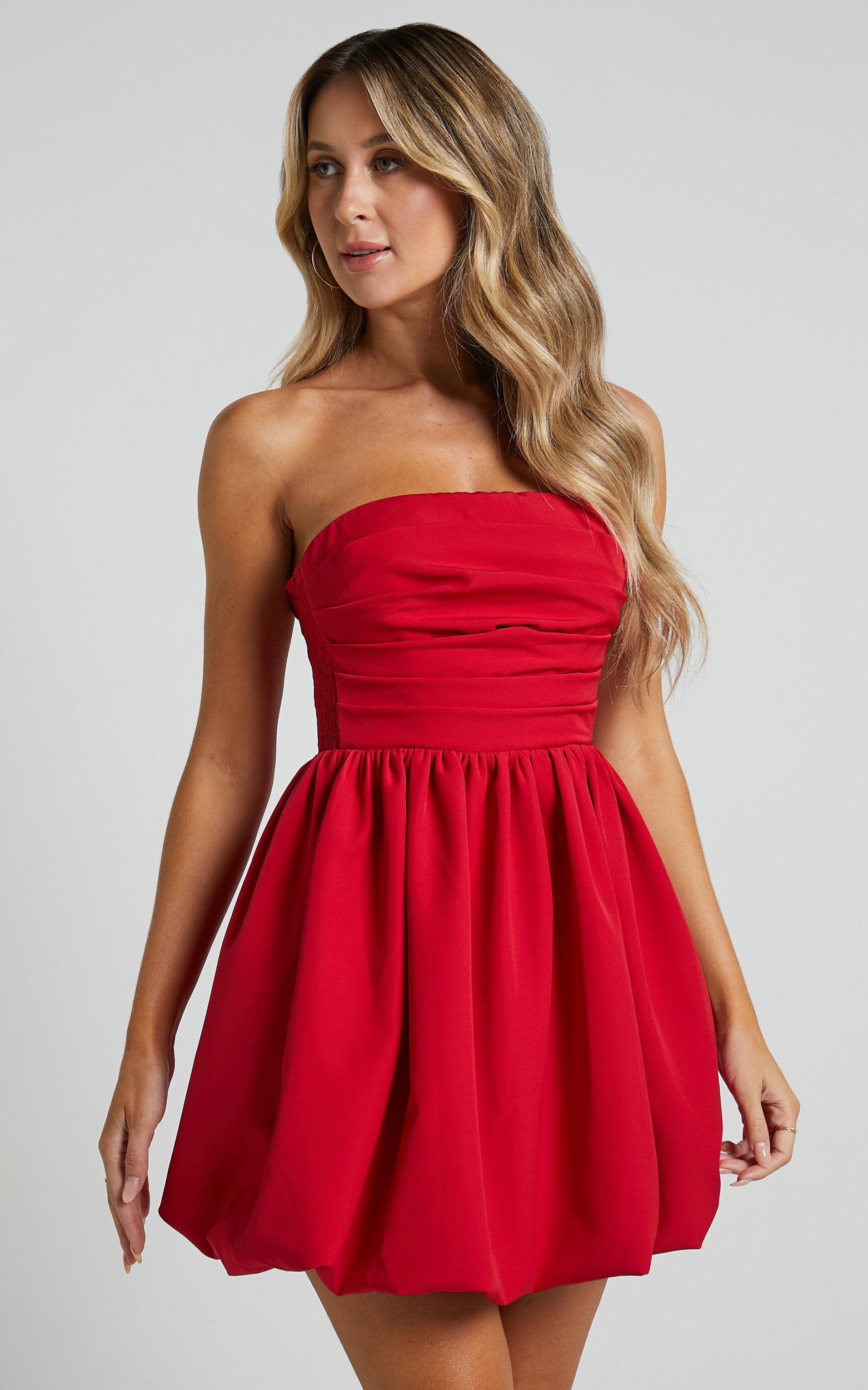 Shaima Mini Dress - Strapless Bubble Hem Dress in Red Product Image