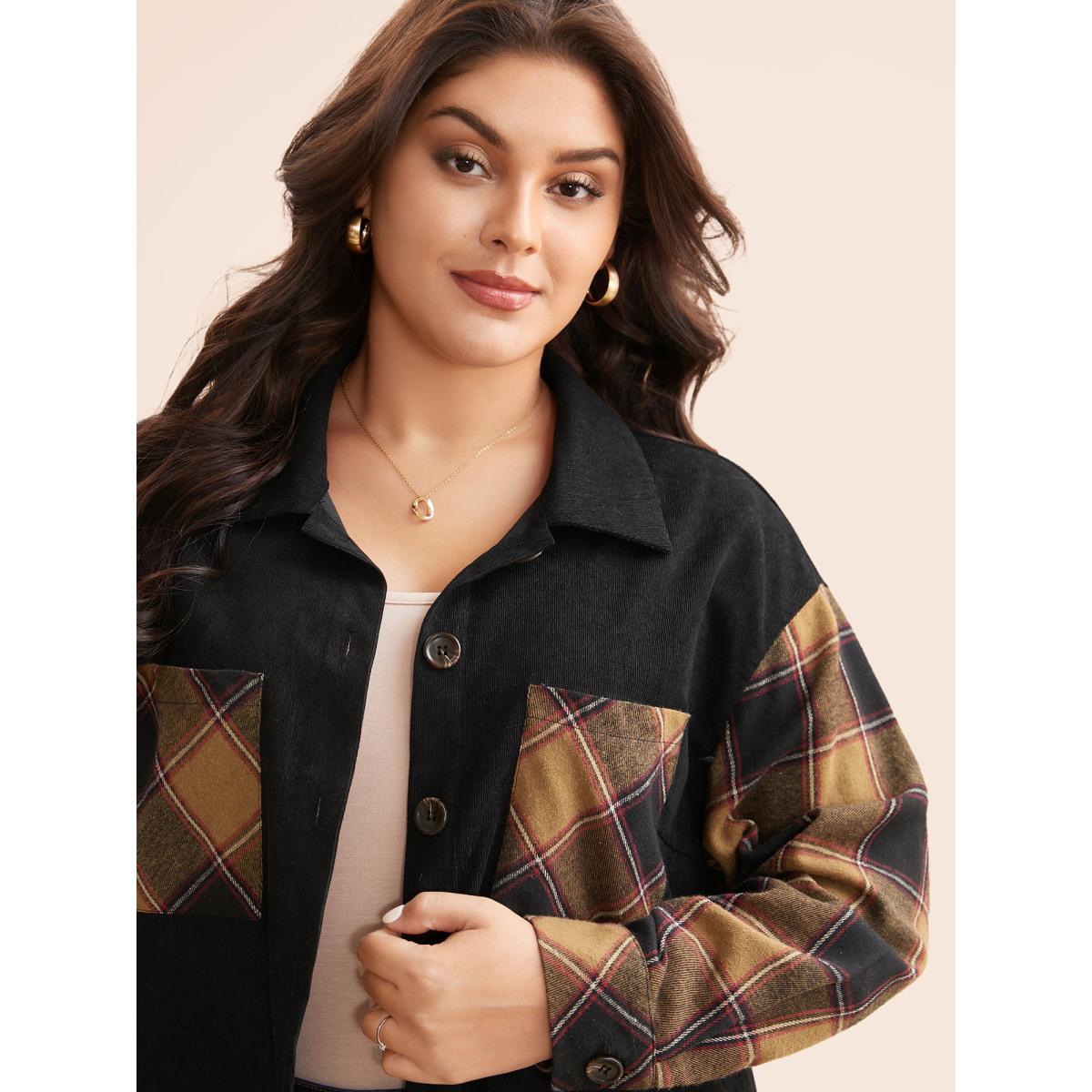 Plus Size Plaid Patchwork Patched Pocket Jacket Women Black Contrast Loose Patch pocket Everyday Jackets BloomChic 22-24/3X Product Image