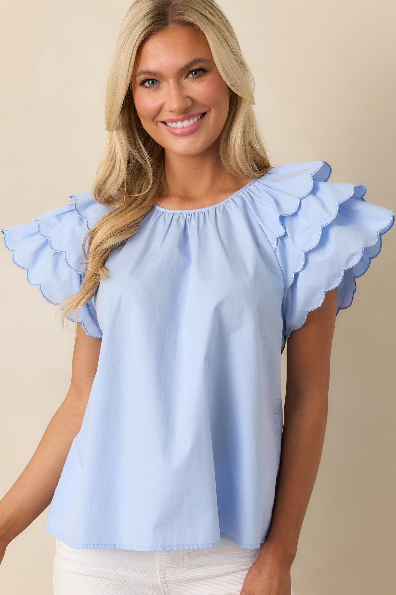 Bianca Blue Fog Cotton Embroidered Scallop Top Product Image