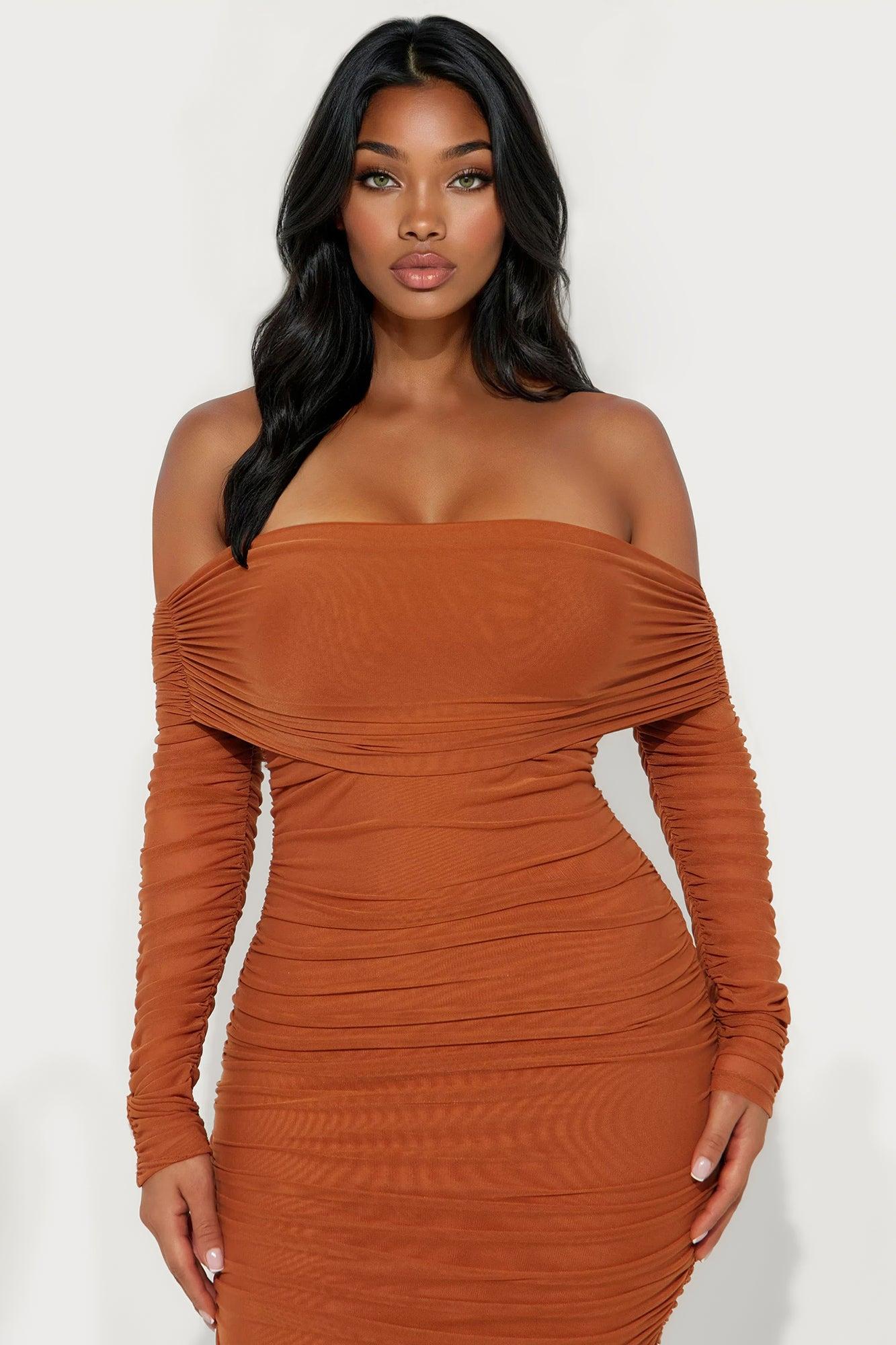 Hallie Ruched Mesh Bandage Midi Dress - Camel Female Product Image