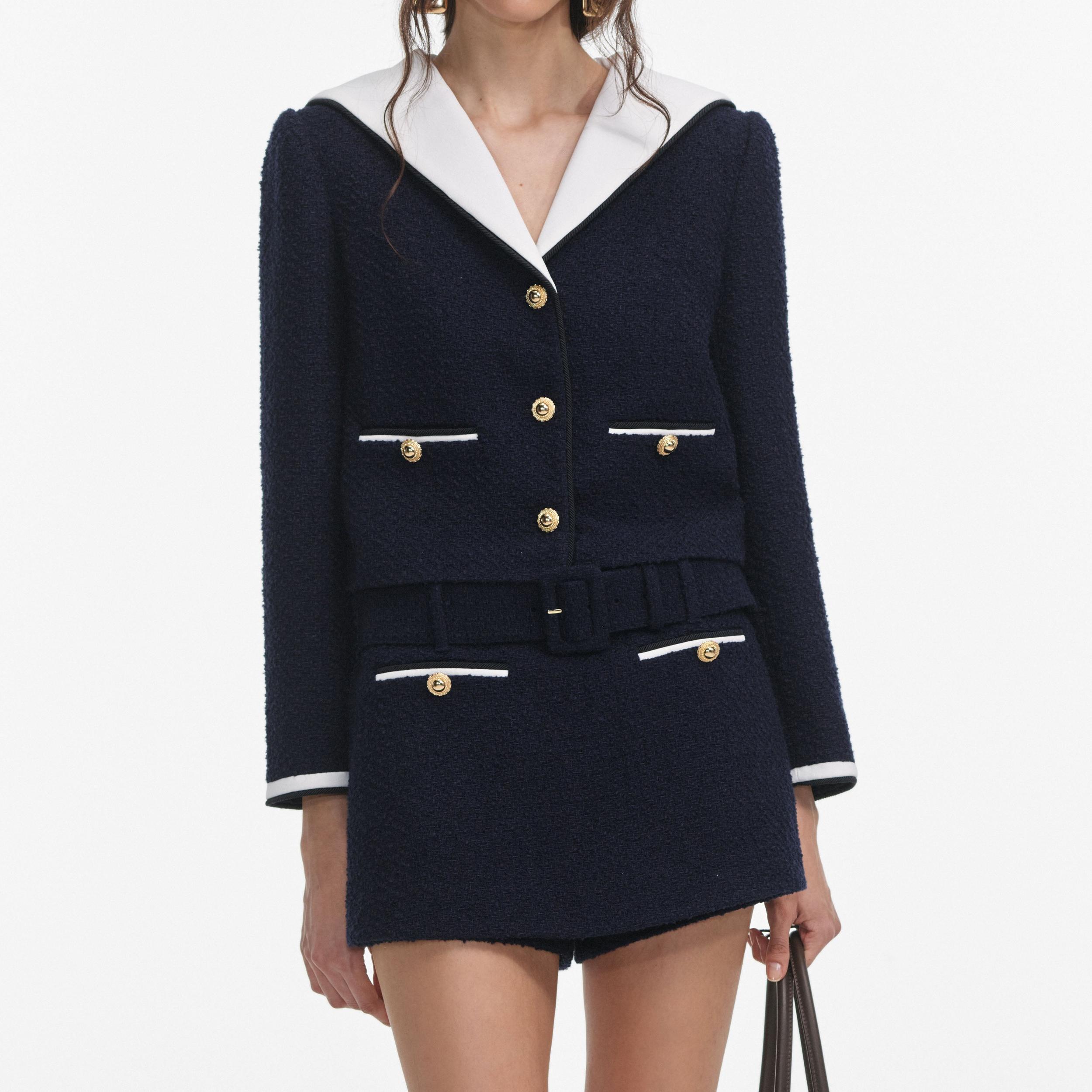 Navy Boucle Contrast Collar Jacket Product Image