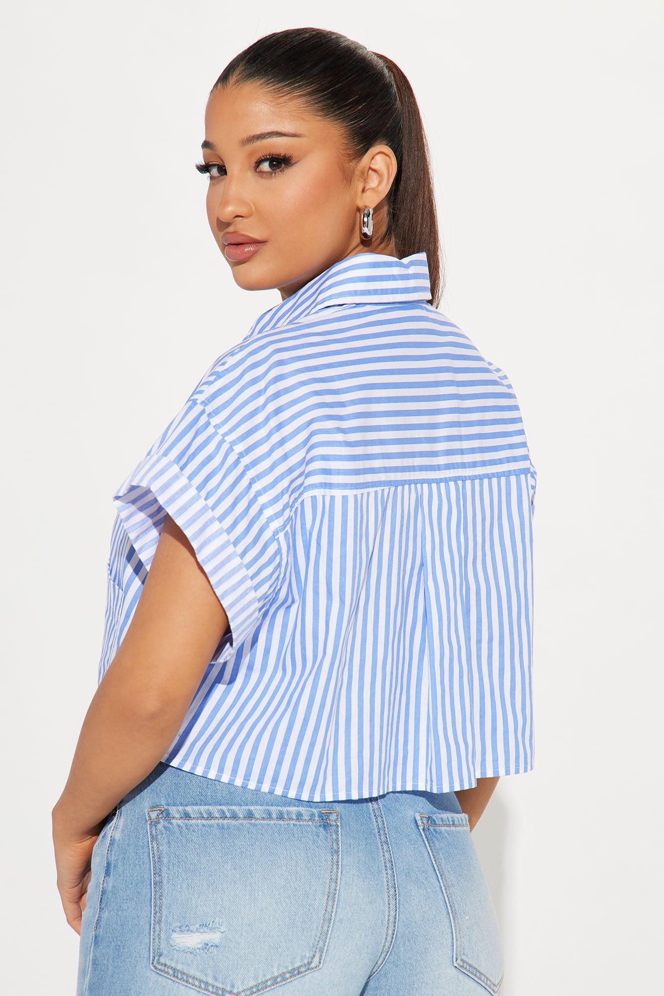 Beachside Babe Striped Shirt - White/Blue Product Image