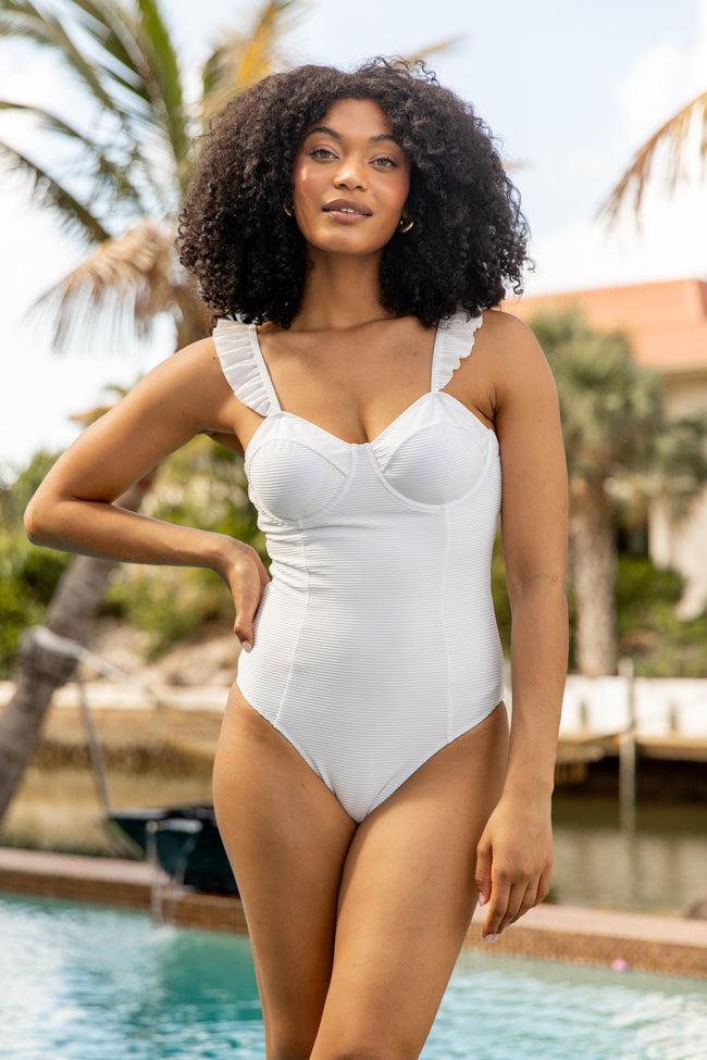 Ride The Waves White Ruffle Shoulder One Piece Swimsuit FINAL SALE Product Image