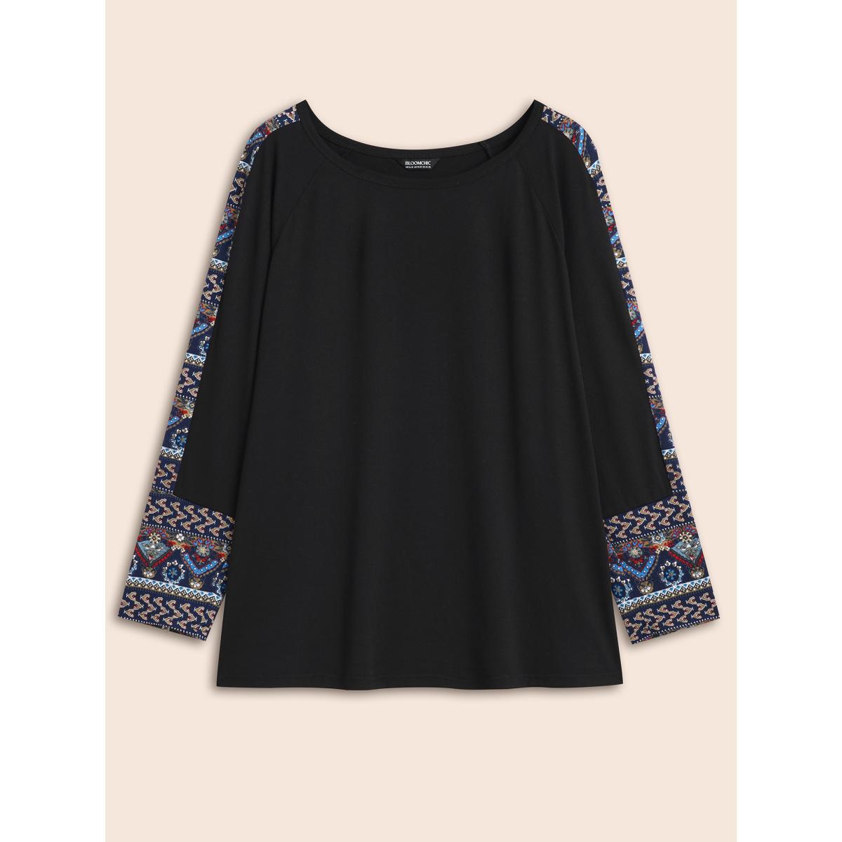 Plus Size Bandana Print Patchwork Round Neck T-shirt Black Women Casual Contrast Round Neck Everyday T-shirts BloomChic 18-20/2X Product Image