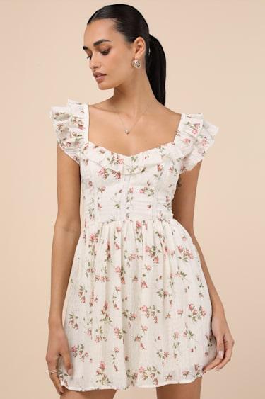 Velia White Floral Textured Flutter Sleeve Mini Dress Product Image