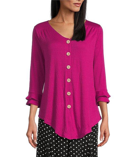 I.N. Studio Knit V-Neck Elbow Flounce Sleeve Tie-Front Top Product Image