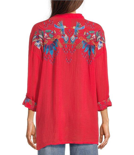 JOHNNY WAS Audrey Embroidered Placement Floral Point Collar Roll-Tab Long Sleeve Five-Button Half-Placket Tunic Product Image