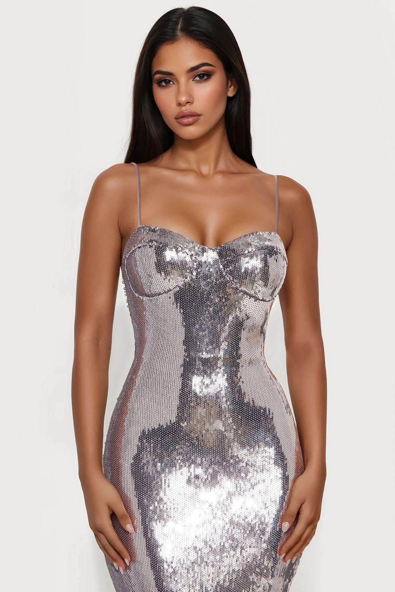 Midnight Opulence Sequin Gown - Silver Female Product Image