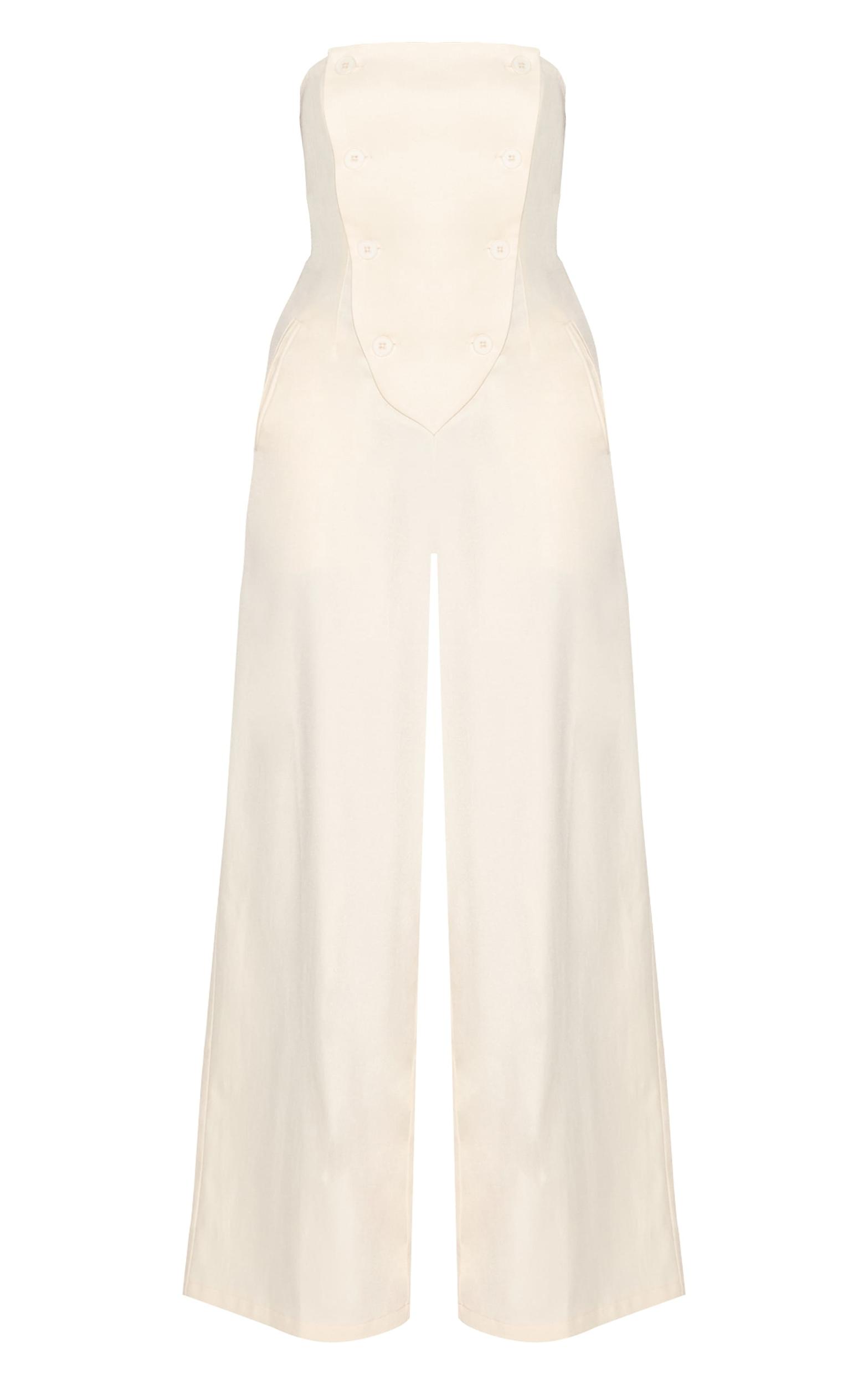 Cream Tailored Woven Button Up Wide Leg Bandeau Jumpsuit Product Image