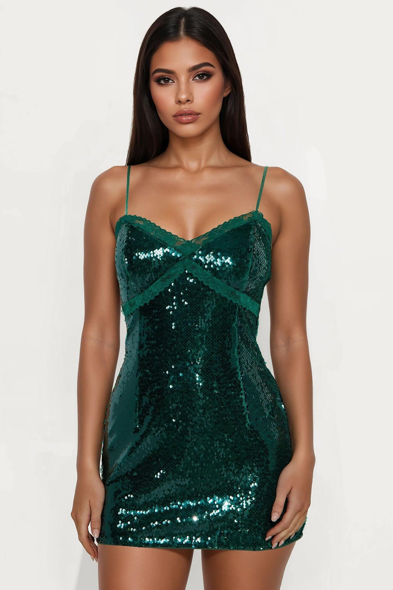 Lila Lace Trim Sequin Mini Dress - Hunter Female Product Image