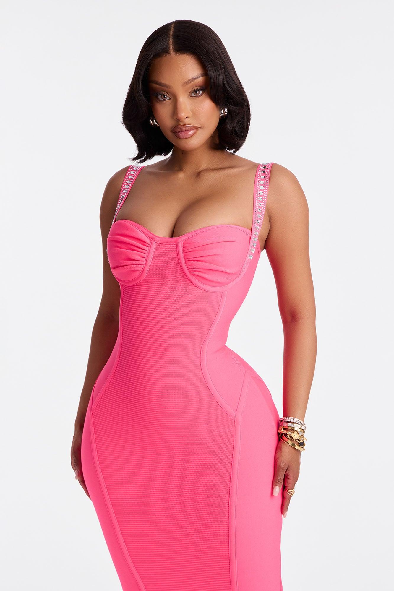 Show Stopper Rhinestone Embellished Bandage Midi Dress - Pink Female Product Image