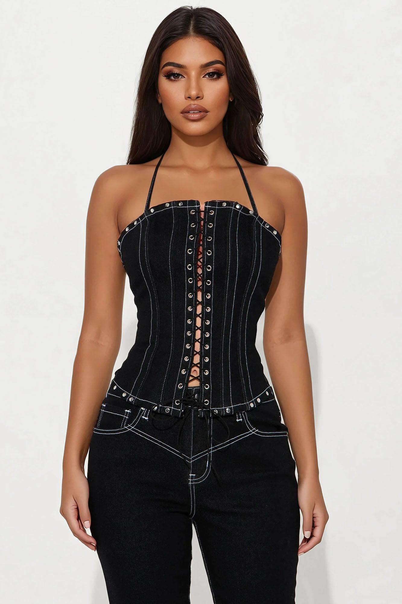 After Dark Lace Up Corset Capri Pant Set  - Black Female Product Image