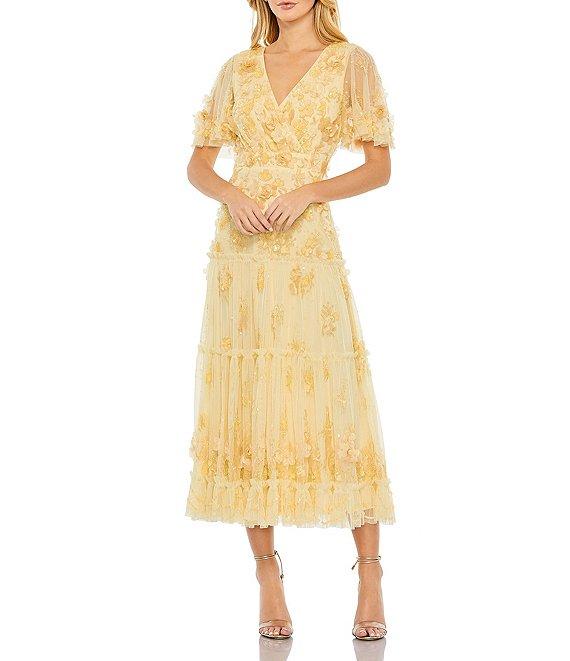 Mac Duggal 3D Floral Embellished Beaded Mesh V-Neck Flutter Sleeve A-Line Dress Product Image