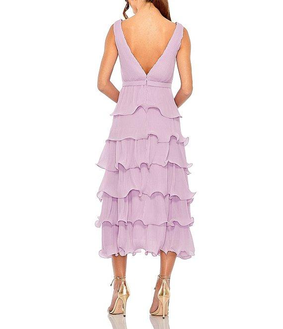Mac Duggal Chiffon Plunge V-Neck Sleeveless Ruffle Midi A-Line Dress Product Image