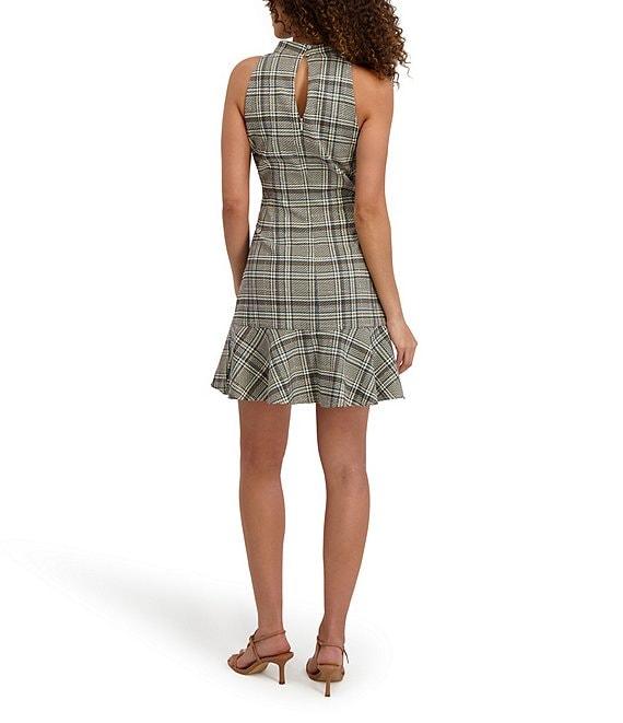 Kensie Woven Sleeveless Crew Neck Plaid Ruffled Dress Product Image
