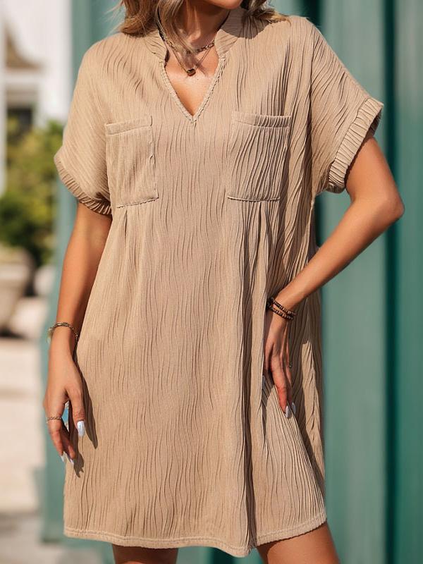 Loose Short Sleeves Pleated Solid Color Split-Joint V-Neck Mini Dresses Product Image